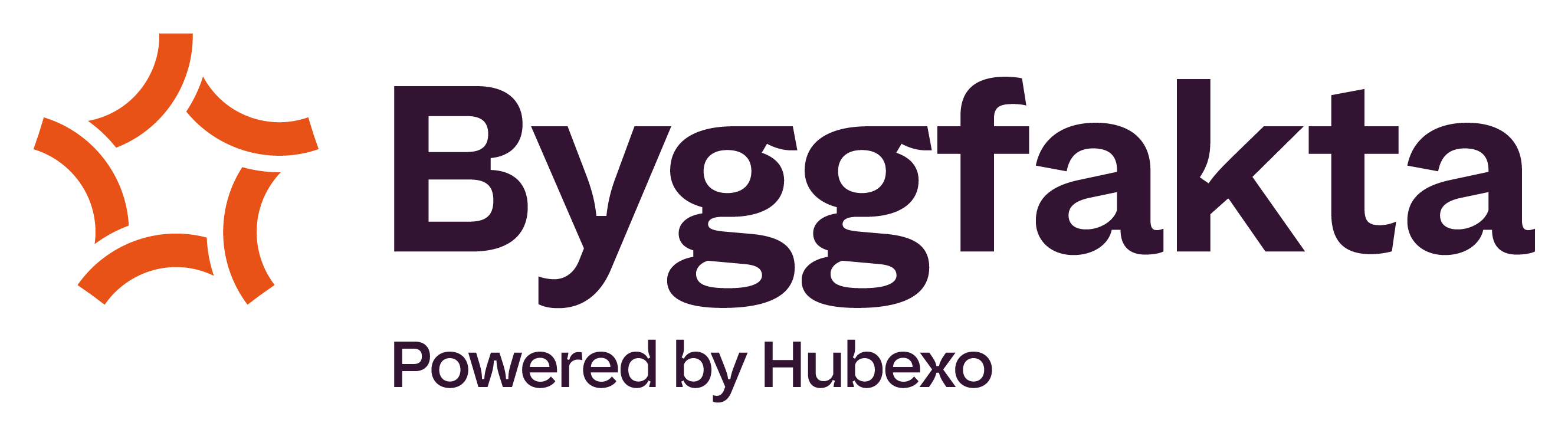 Byggfakta-logo med 'Powered by Hubexo'. Byggfakta skaper konkurransefordeler og verdi for alle aktører i bygg- og anleggsbransjen